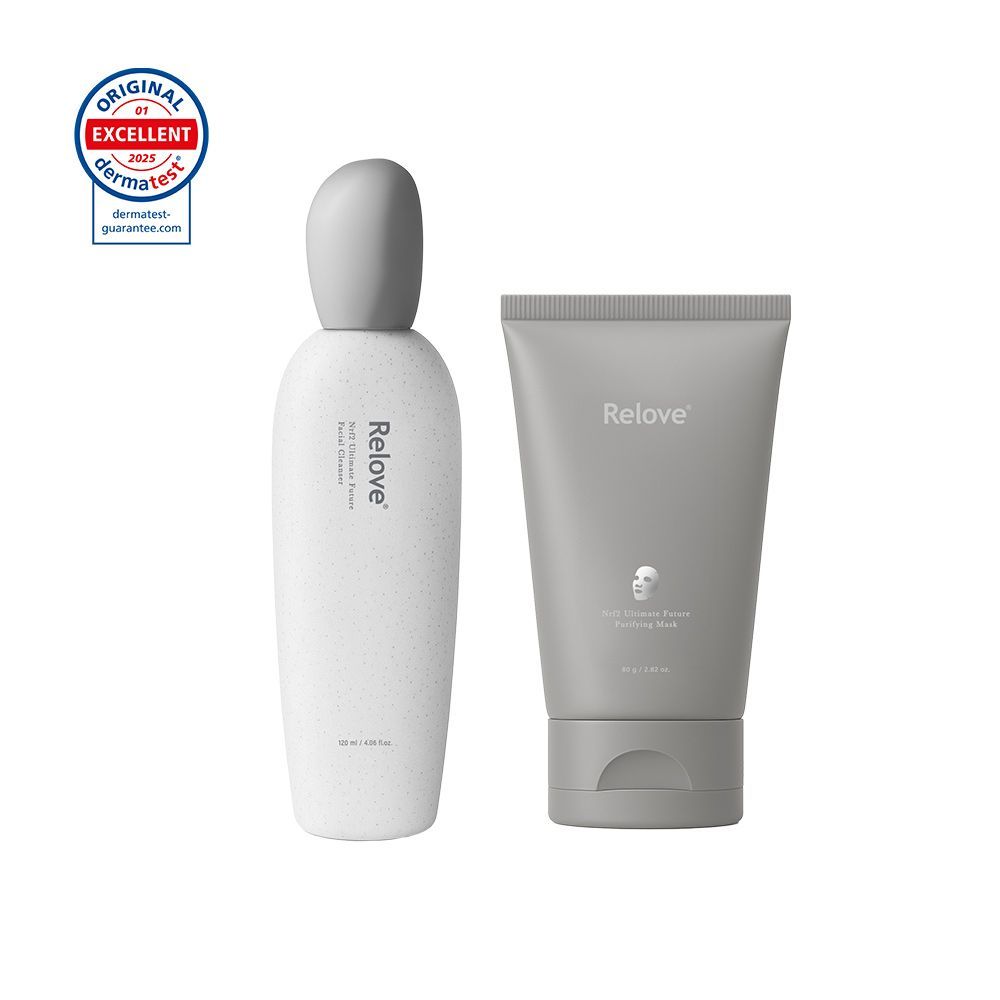 兩款白色保養品，一瓶一管，品牌名稱為「Relove」。