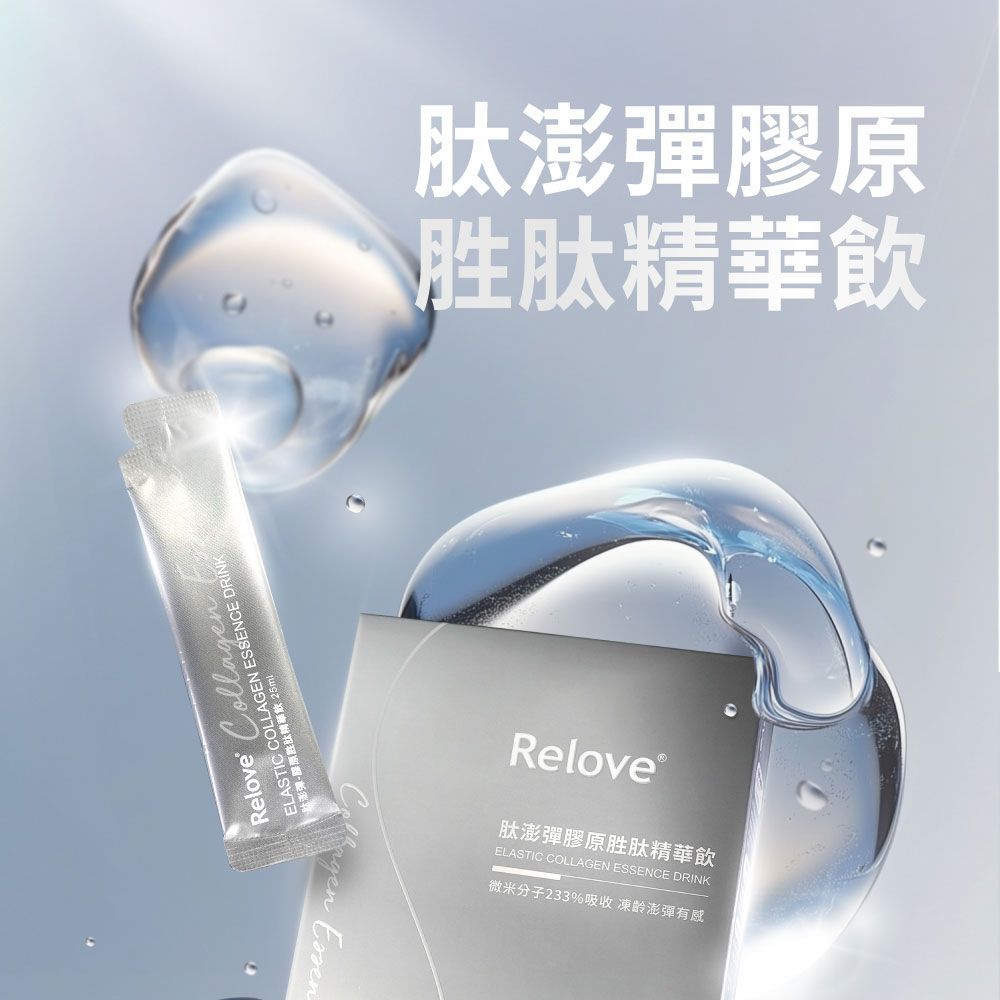 Relove膠原蛋白的產品廣告，展示了包裝和液體飛濺效果。