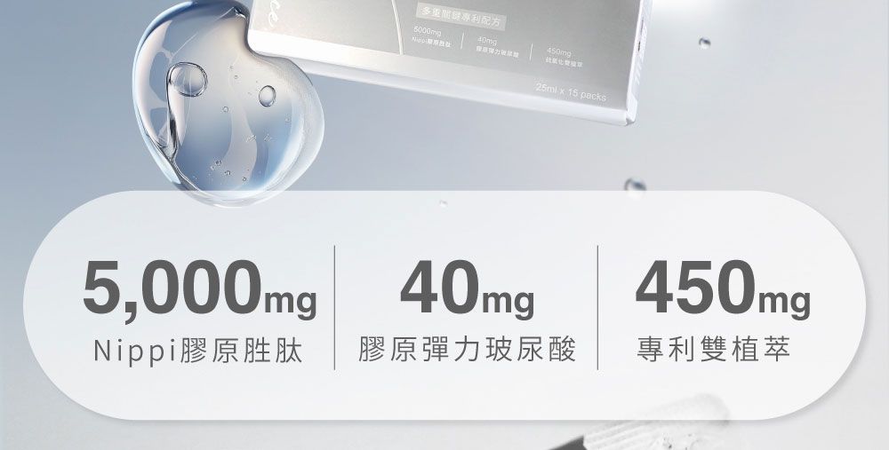 含有標示含量的膠原蛋白勝肽、透明質酸和植物萃取物的營養補充品。