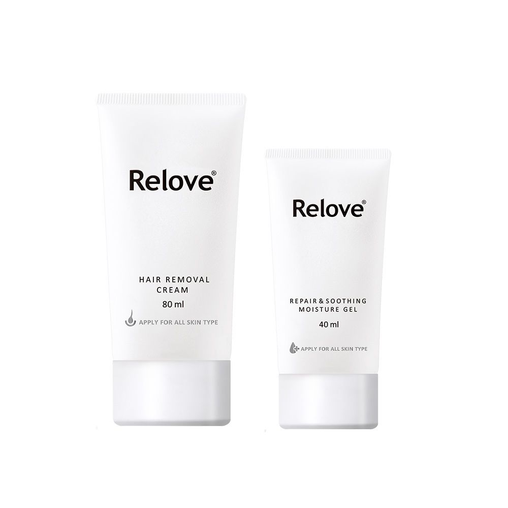 兩支白色Relove牌乳霜。一種是除毛膏，另一種是修復舒緩霜。