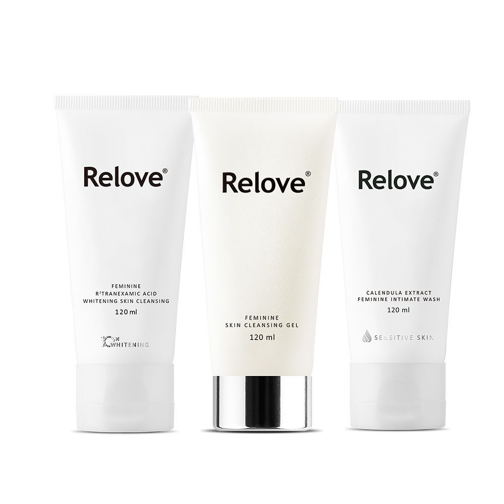 三支白色保養品，標籤上寫著「Relove」。