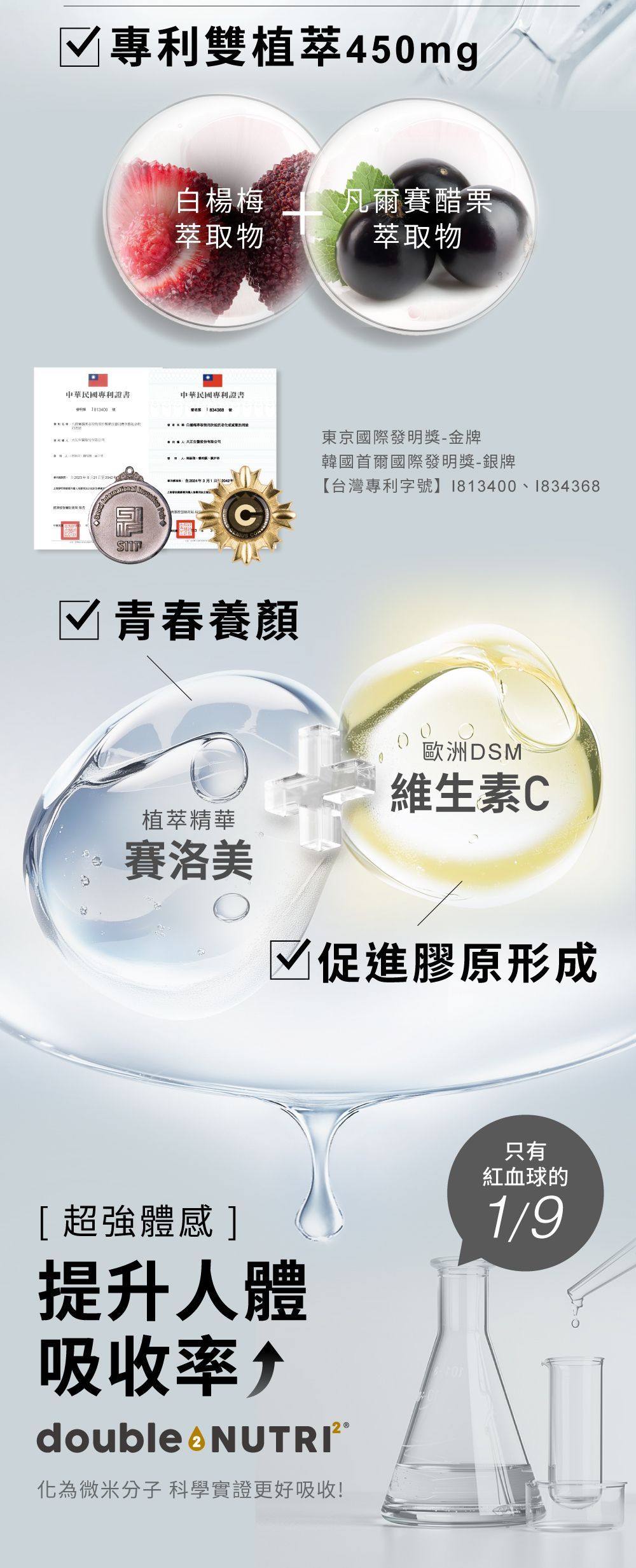 一張關於含有漿果、維生素和實驗室燒瓶的產品的圖表。文字內容包括「青春」和「吸收」。