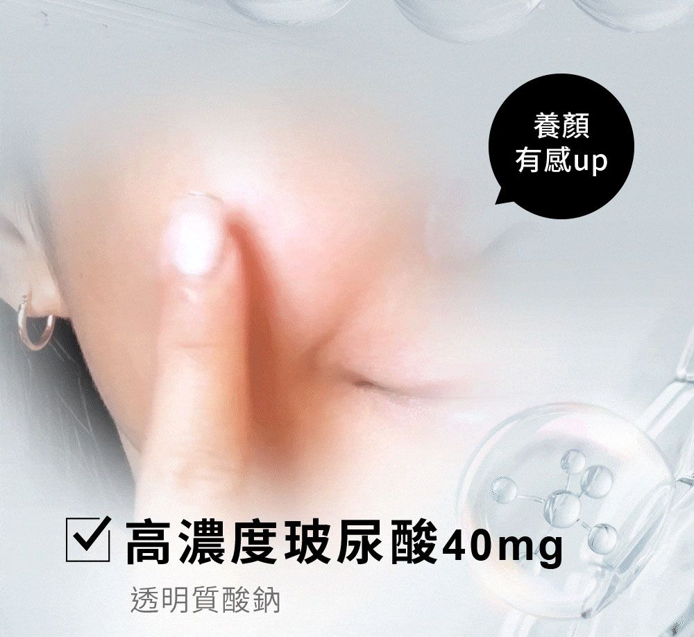 人臉特寫，突出顯示某個區域，並配有氣泡和關於透明質酸的文字。