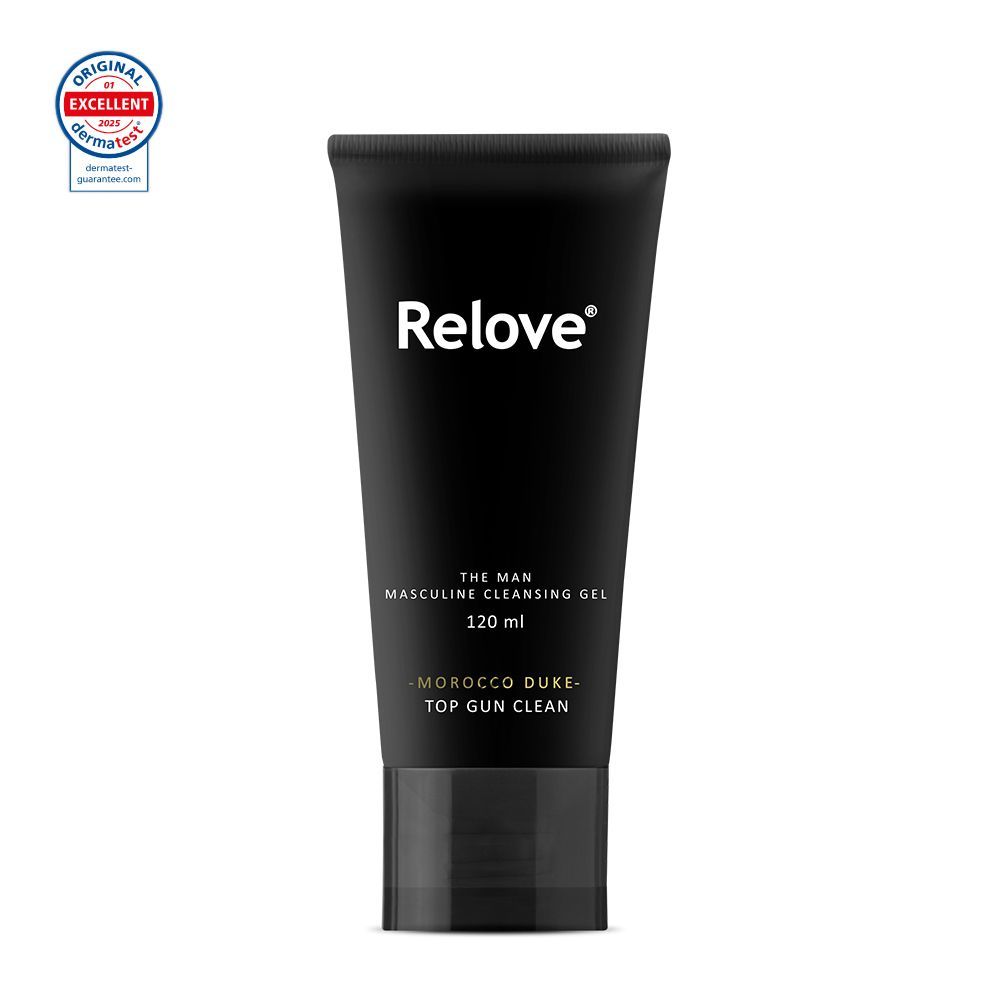 「Relove」男士潔顏啫咖哩，黑色管裝，120毫升。印有「純素」和「卓越」獎項標誌。