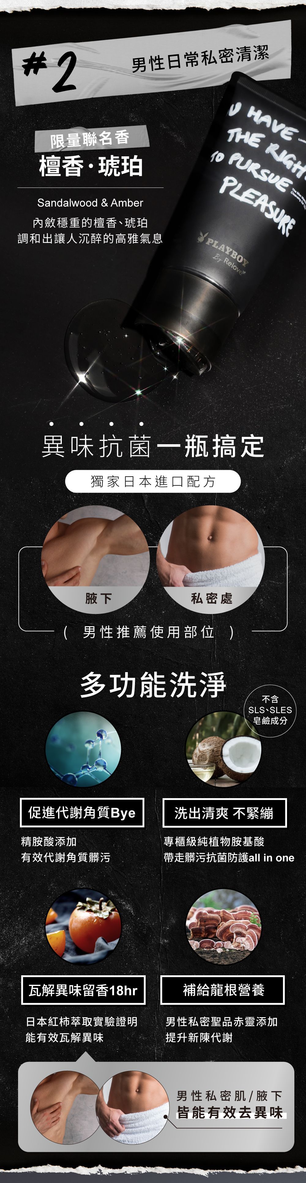 黑色美容產品廣告，展示使用前後對比效果和成分。