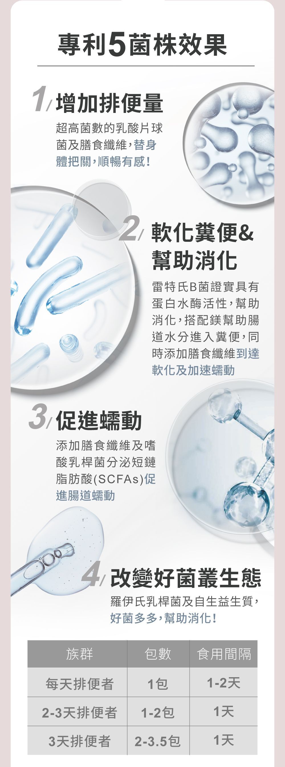 資訊圖表展示了 5 種益生菌菌株的作用：增加排便、消化、動力和有益菌的生長，並附有表格和細菌插圖。
