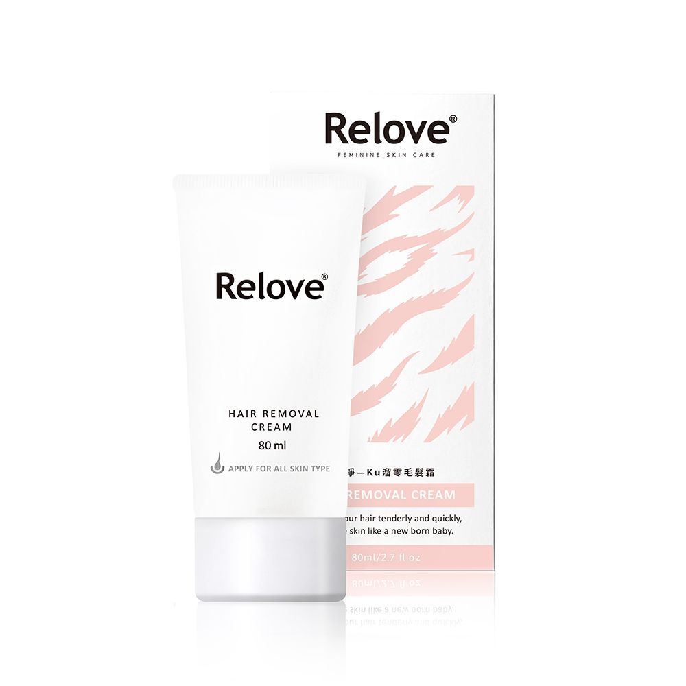 一支和一盒Relove脫毛膏，白色和粉紅色包裝。