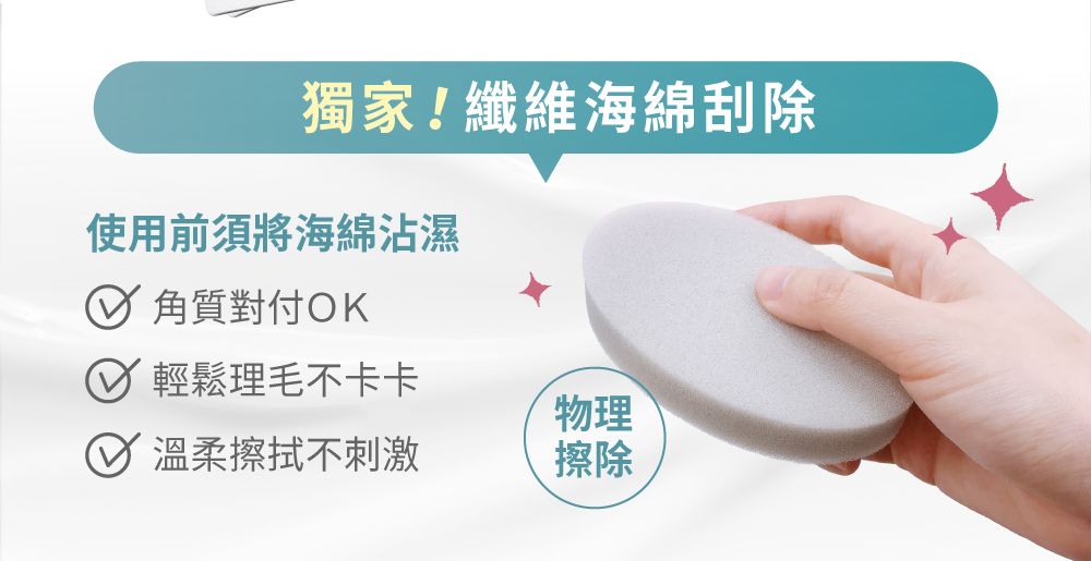 一手拿著一塊灰色纖維海綿。文字描述這是一款獨特的纖維海綿，可用於去除污漬，並列舉了它的其他優點。