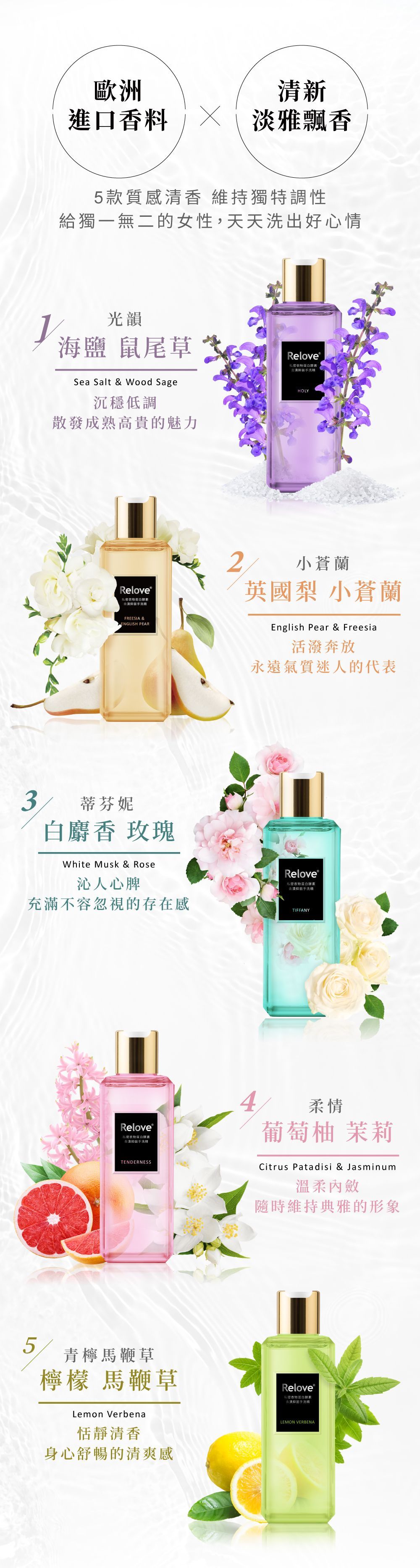 裝有不同顏色液體的香水瓶，周圍環繞著鮮花和水果。