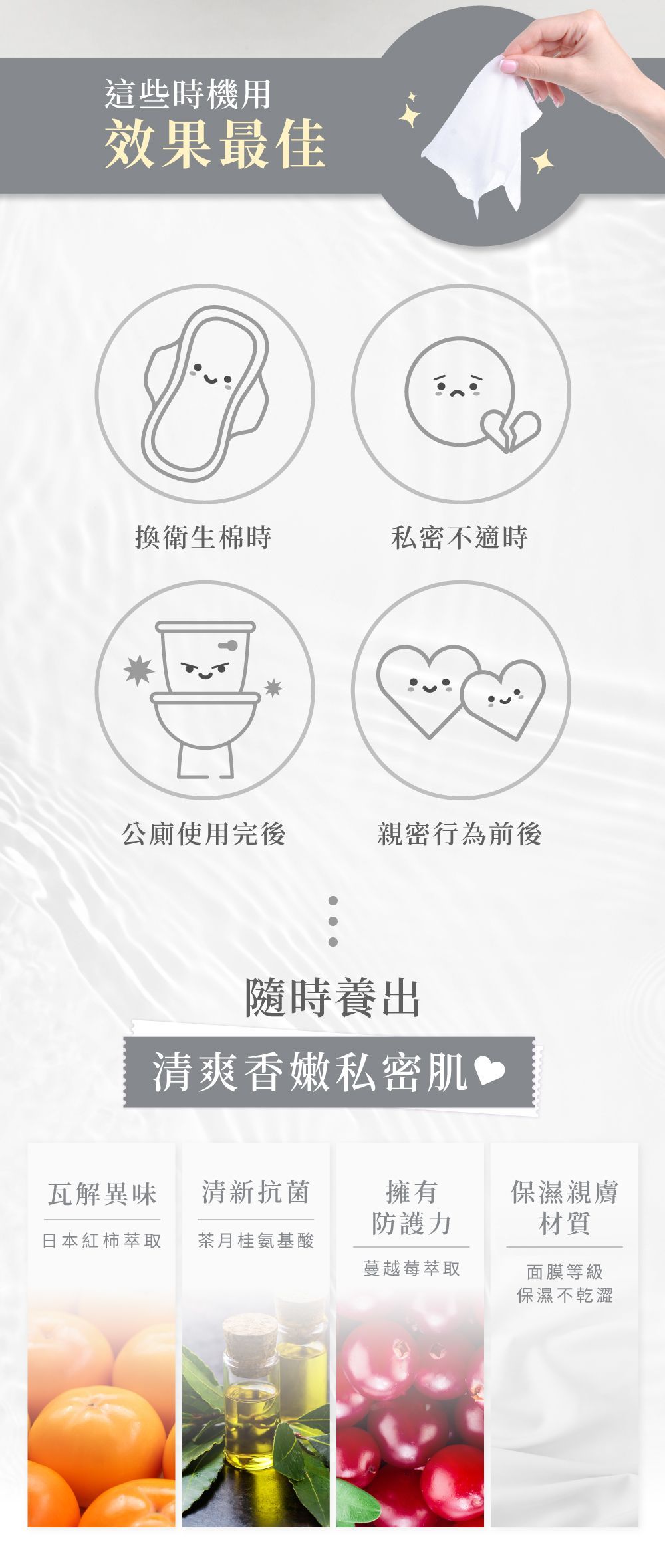 資訊圖表廣告濕紙巾：圖示包括衛生棉、藥丸、馬桶和心形。下方是橘子、橄欖油和櫻桃。