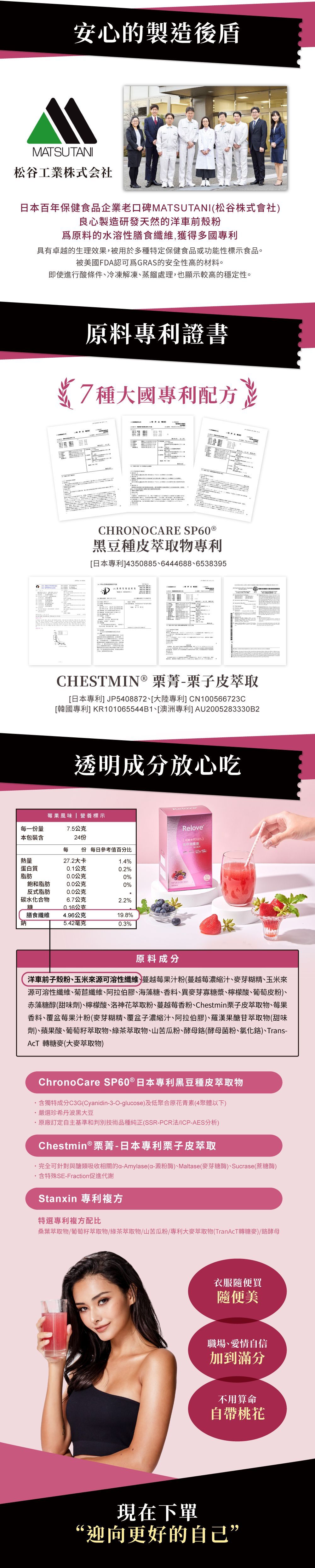 產品宣傳資訊圖表。圖中人物手持飲料，圓圈代表產品的優點。