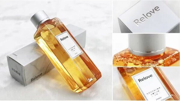 一瓶 Relove 爽膚水，銀色瓶蓋，白色包裝盒，完美展現了產品。