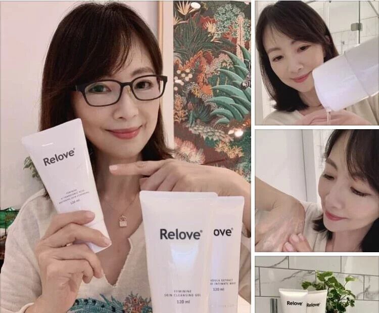 一位女士在浴室場景中手持並使用「Relove」護膚品，並有特寫鏡頭。