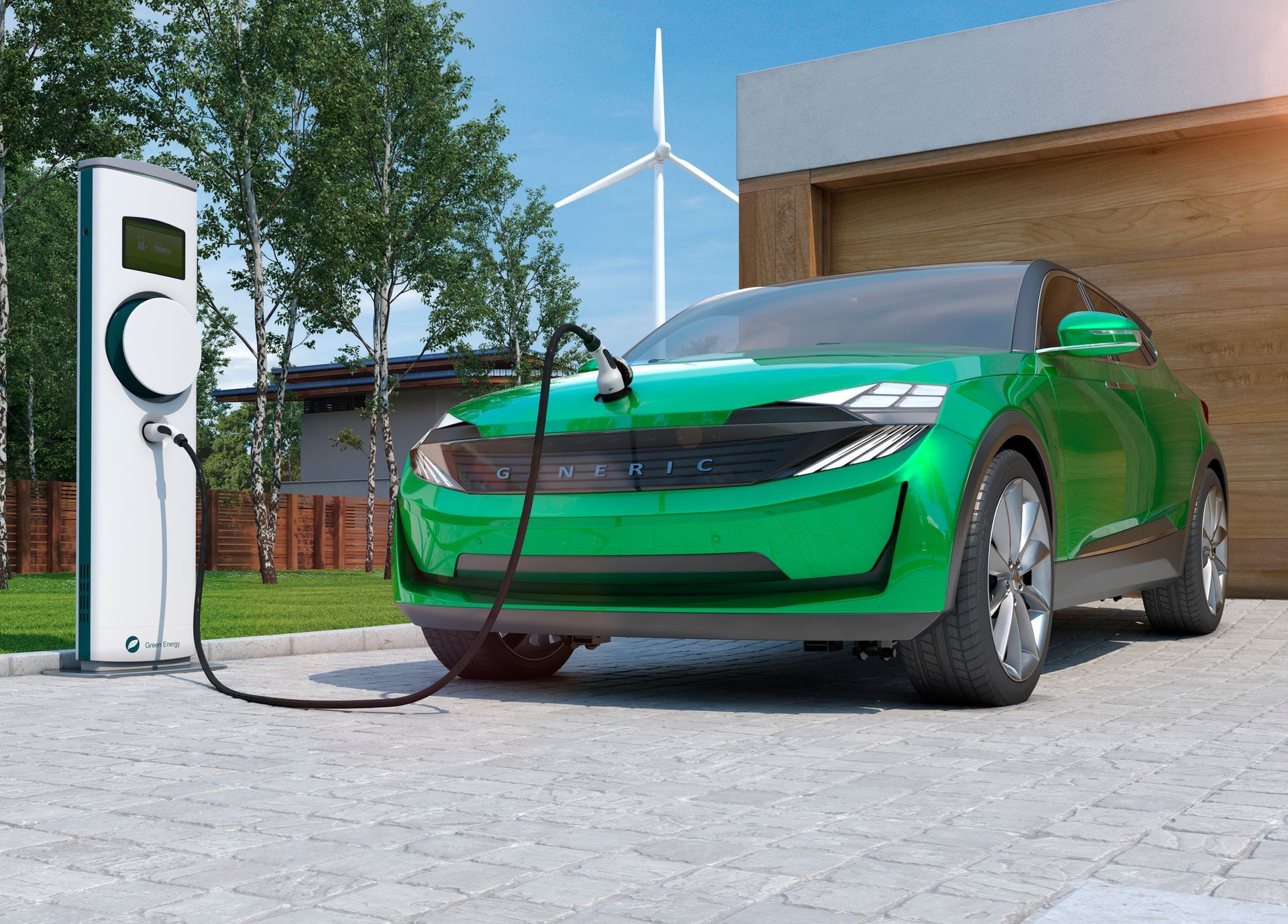Green electric SUV charging next to a charger and in front of a wooden house.