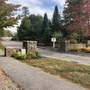 A sidewalk leading to a driveway surrounded by trees and bushes.