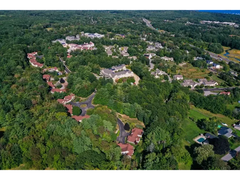 An aerial view of a residential area surrounded by trees and houses.