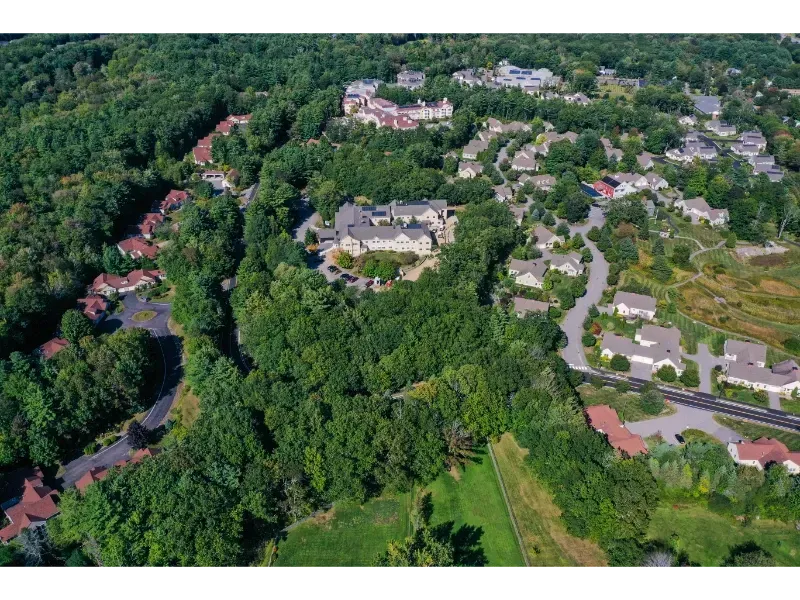 An aerial view of a residential area surrounded by trees and houses.