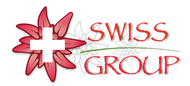 Le logo du groupe Swiss Group représente une croix blanche sur une fleur d'edelweiss rose avec le texte « SWISS GROUP » en rouge.
