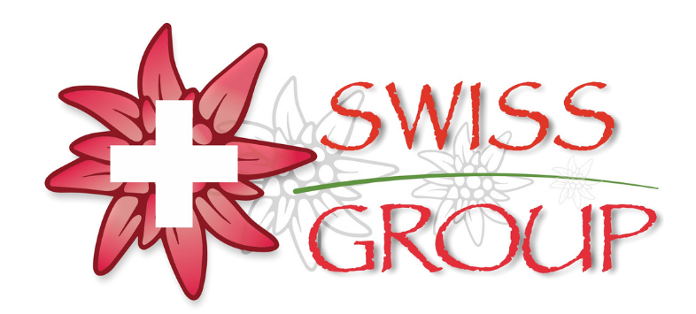 Le logo du groupe Swiss Group représente une croix blanche sur une fleur d'edelweiss rose avec le texte « SWISS GROUP » en rouge.