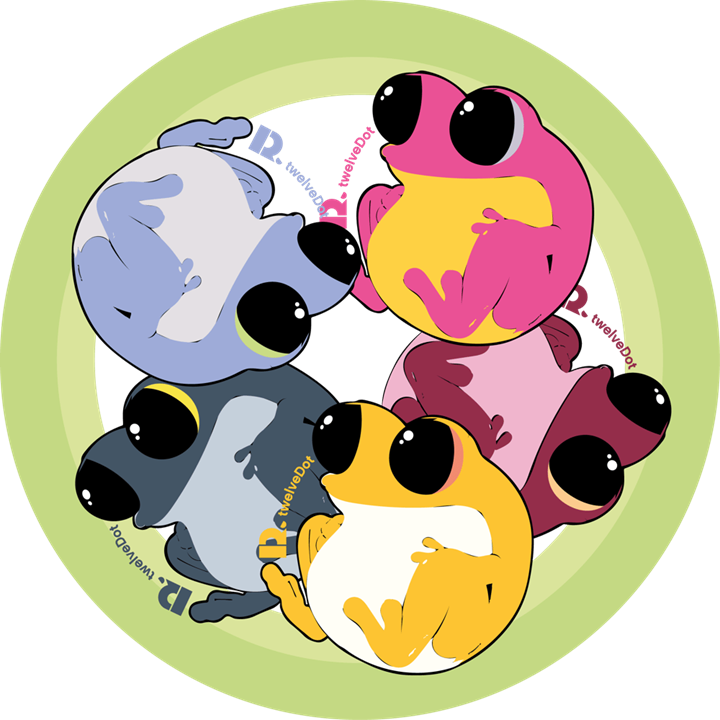 Five colorful cartoon frogs arranged in a circle, with large black eyes, within a green circle.