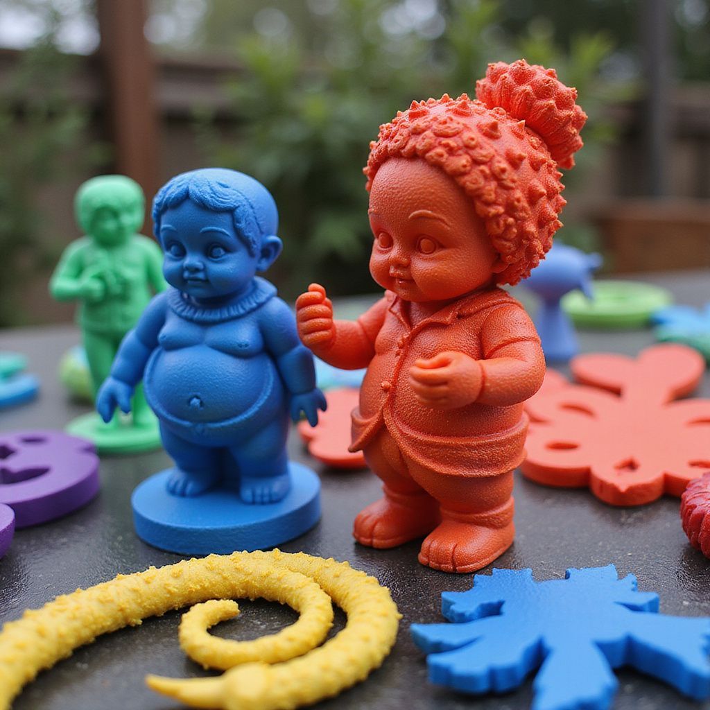 Colorful figurines of babies in a garden setting, one blue, one orange, others in the background.