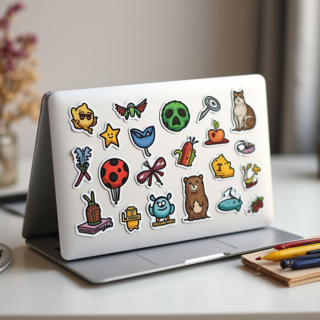 Laptop covered in colorful cartoon stickers on a white desk.