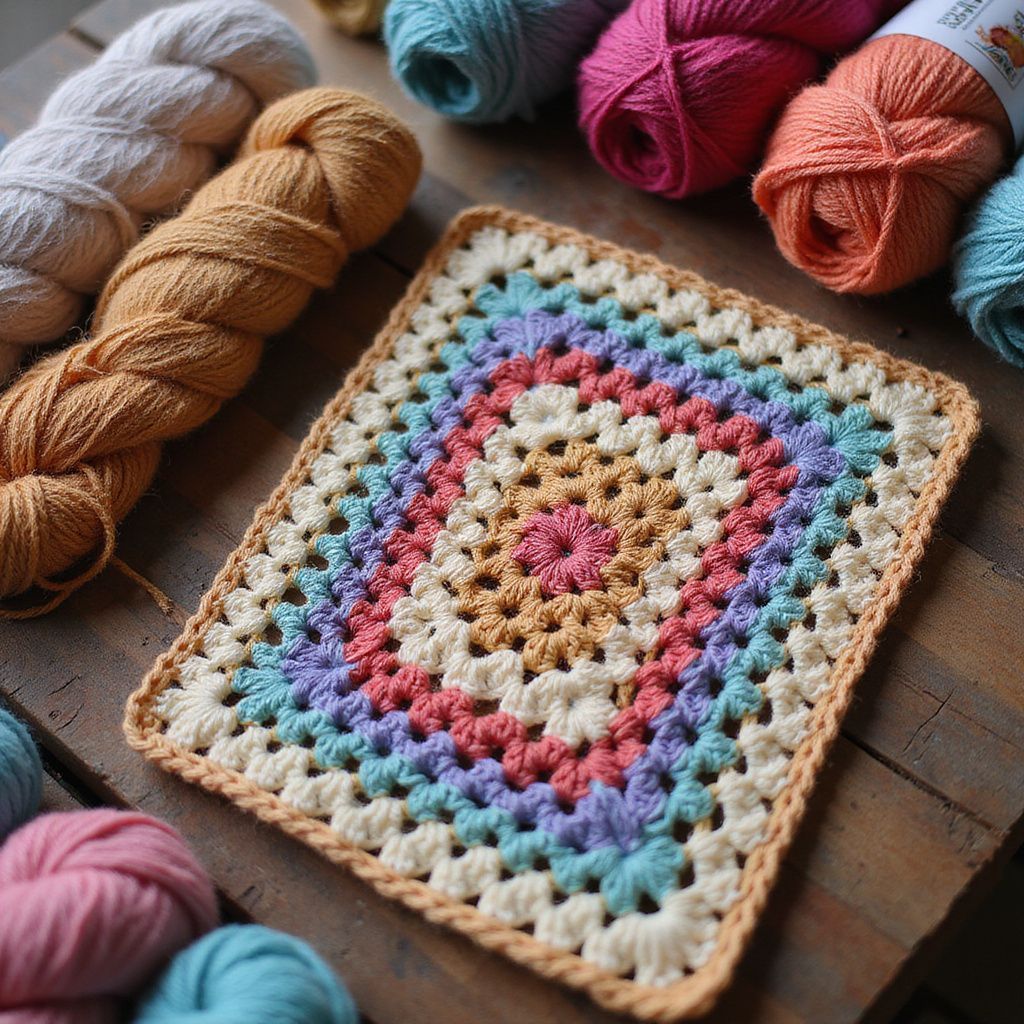 Crocheted square in pastel colors with yarn balls around it on a wooden surface.