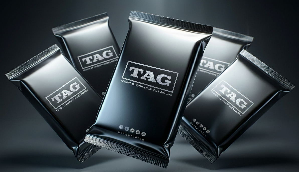 Five black rectangular packages with the word