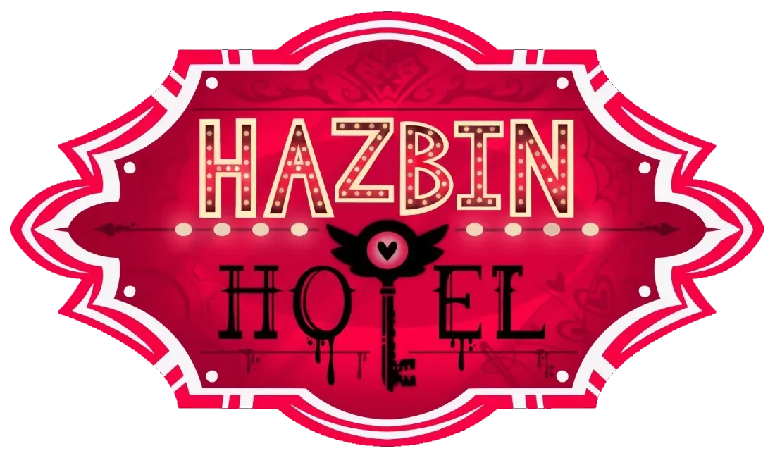 Hazbin Hotel logo: red sign with text 