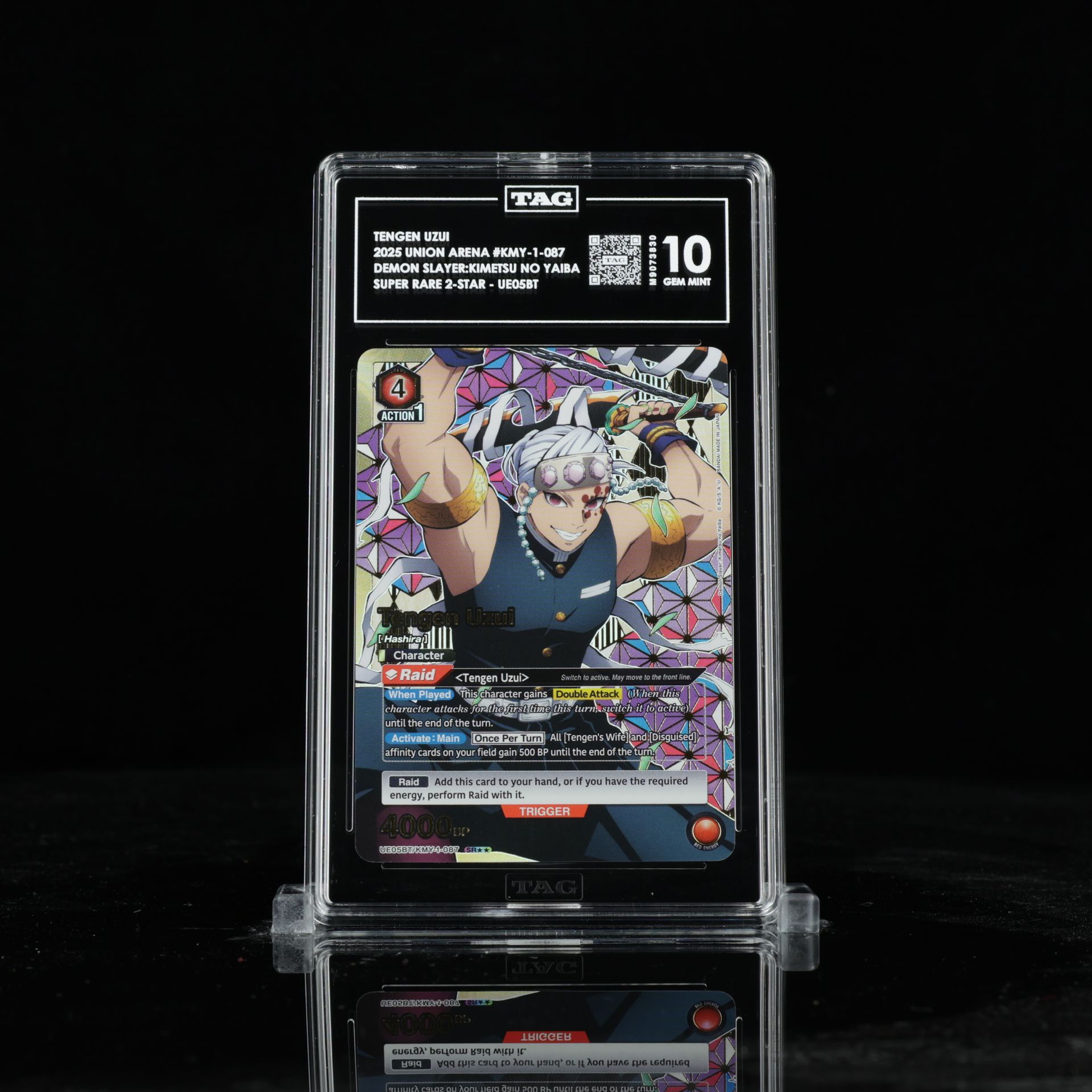 Charizard GX Pokémon card in a black, numbered case, on a stand.