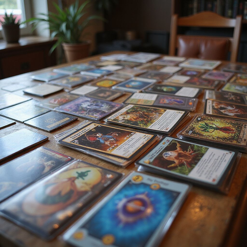 A wooden table covered with many card game cards, some in protective sleeves, in a bright room.