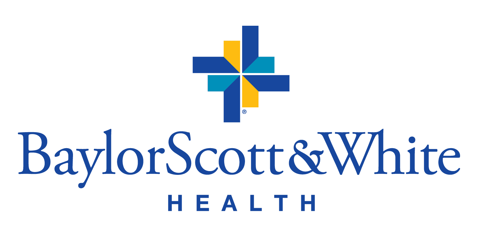 Baylor Scott & White Health logo: blue and yellow cross symbol above dark blue text.