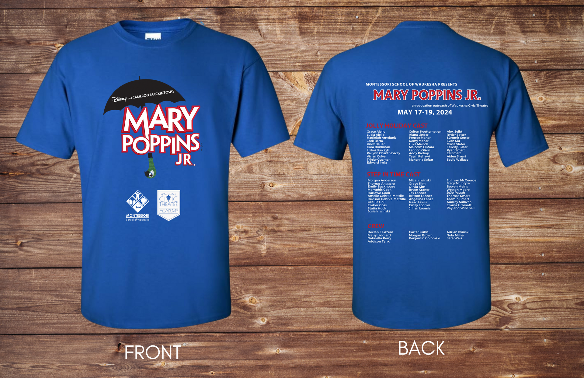 The front and back of a blue mary poppins jr. t-shirt