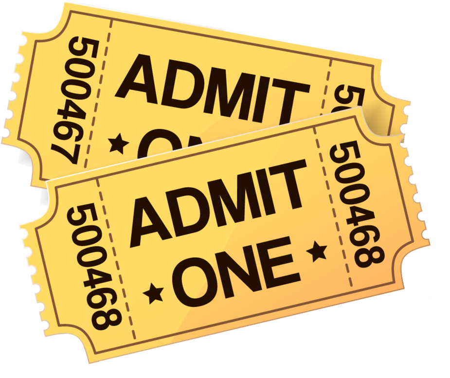 Two yellow admit one tickets on a white background