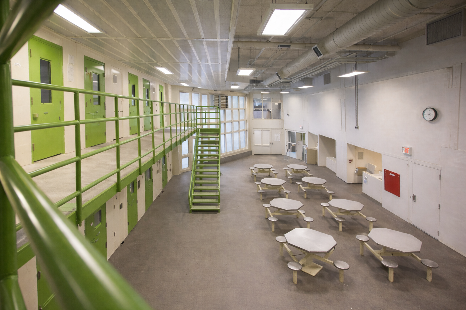 A prison yard with a barbed wire fence and a watchtower A prison yard with a barbed wire fence and a watchtower