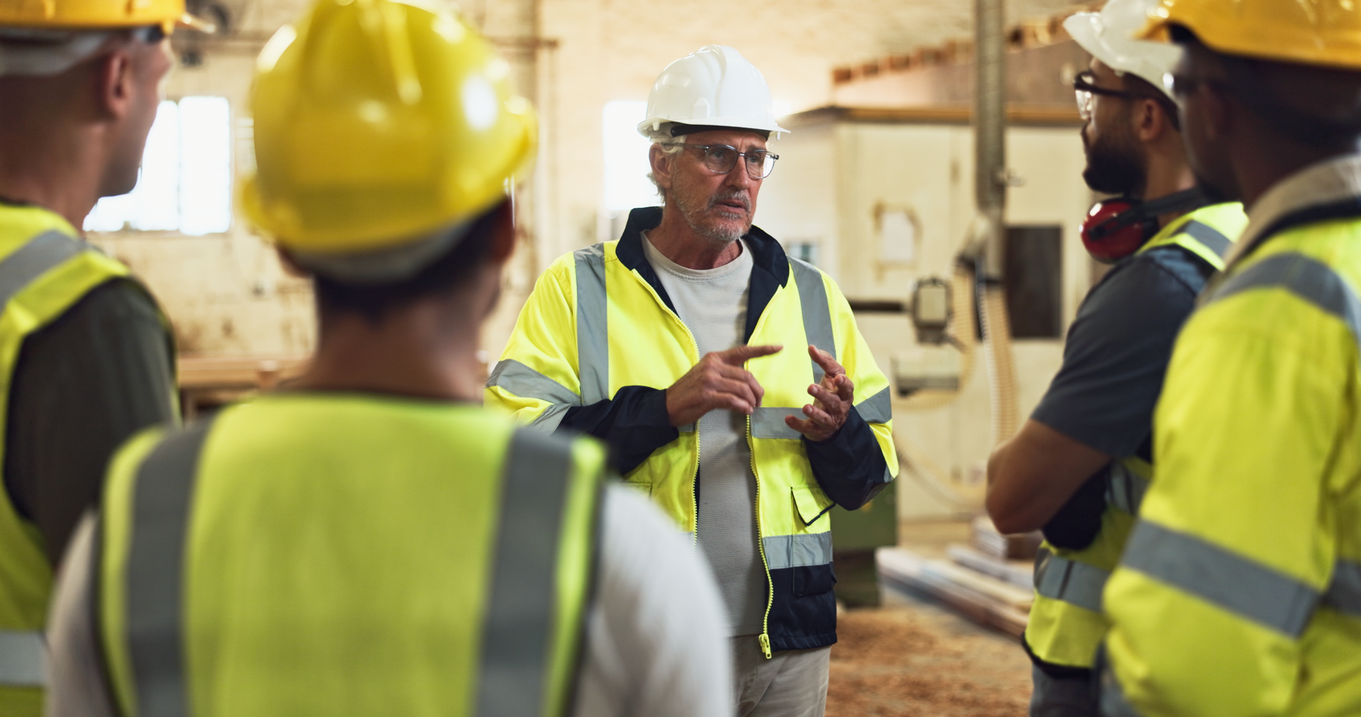 A group of construction workers are standing around a man talking to them.