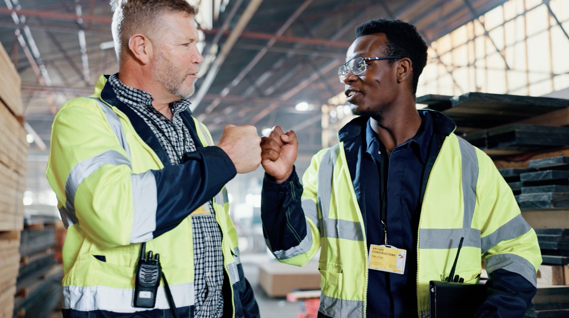 Two men are giving each other a high five in a warehouse.