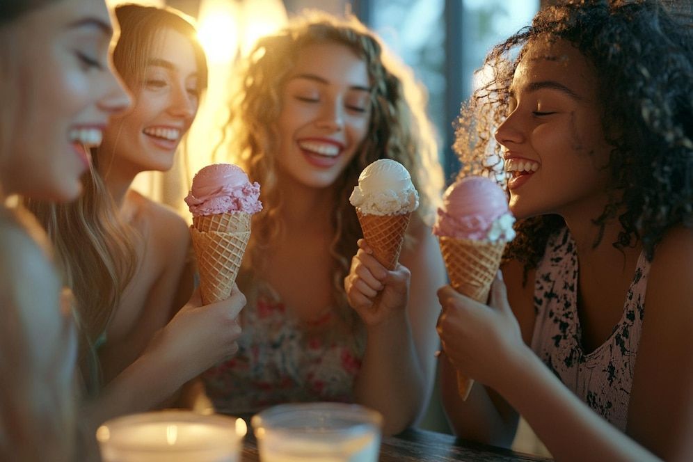 A group of young women are sitting at a table eating ice cream cones.
