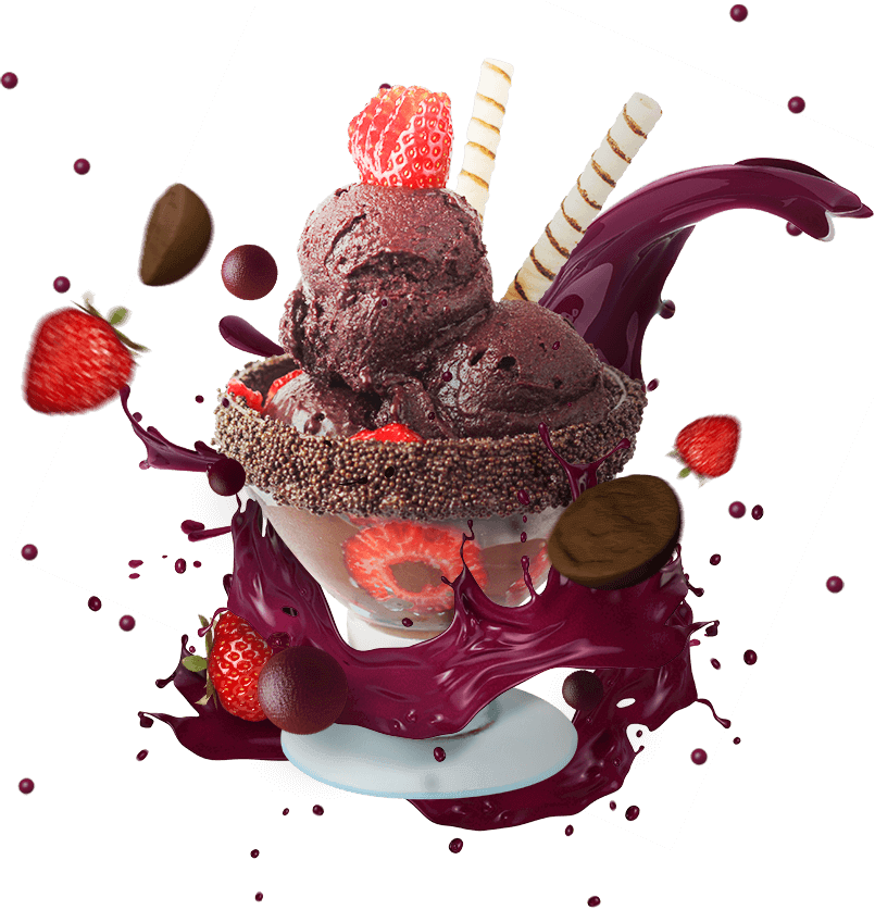 A chocolate ice cream sundae with strawberries and chocolate sticks in a glass.