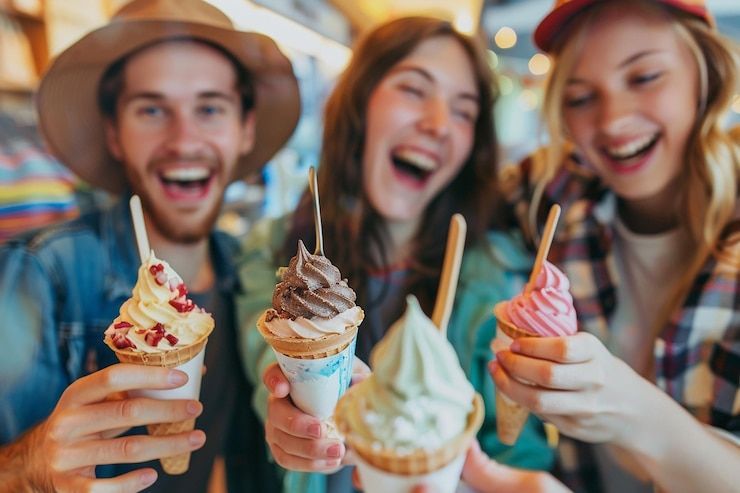 A group of people are holding ice cream cones in their hands.