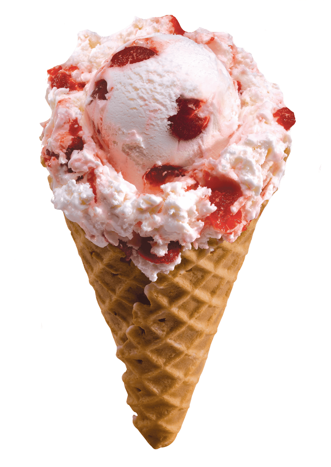 A waffle cone filled with strawberry ice cream and whipped cream