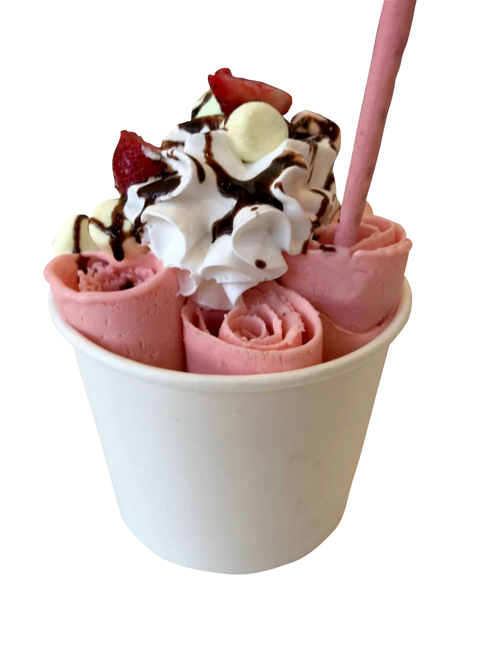 A cup of ice cream with whipped cream and strawberries on top