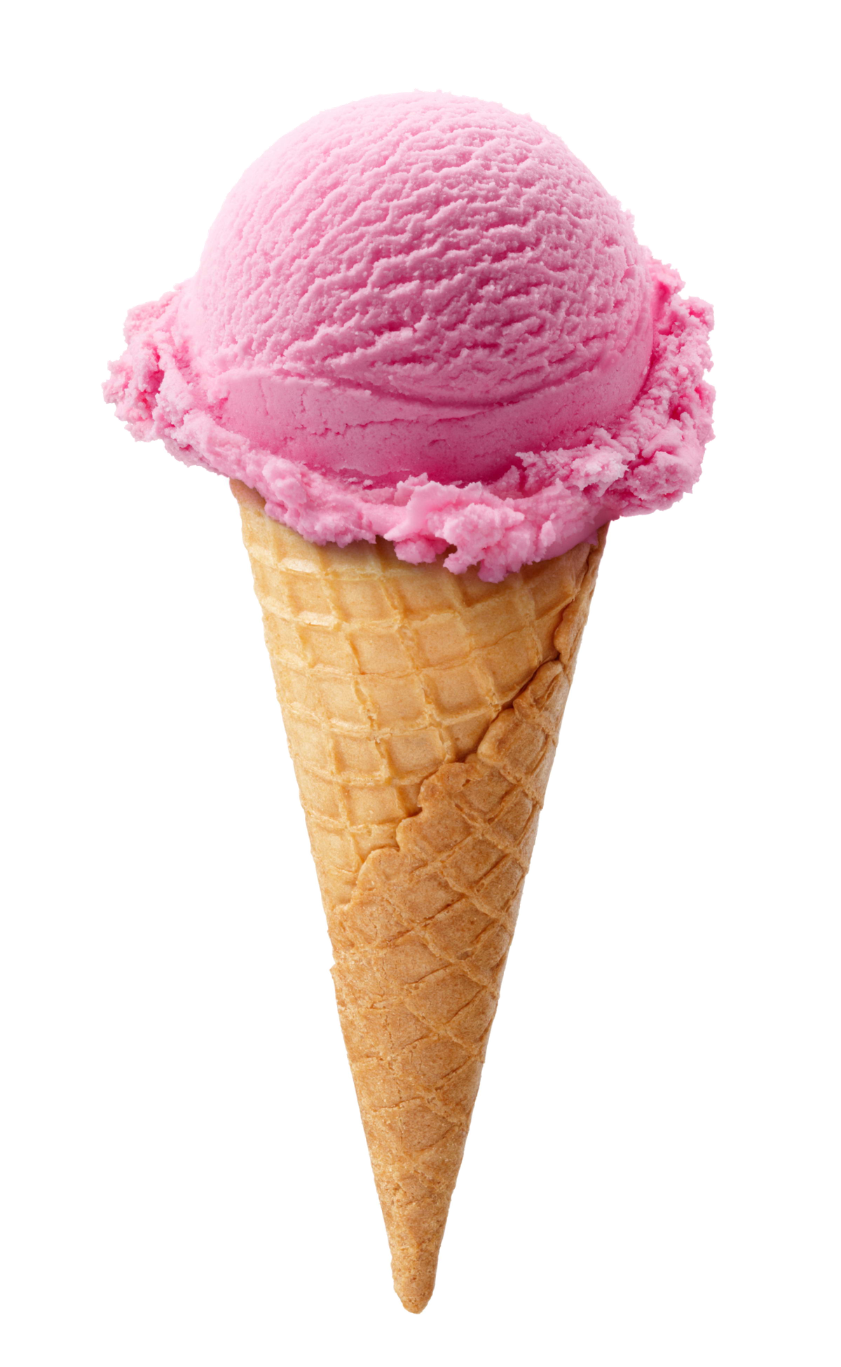 A close up of a pink ice cream cone on a white background.