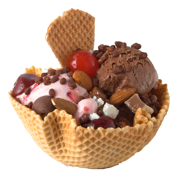 A waffle bowl filled with ice cream nuts and a cherry