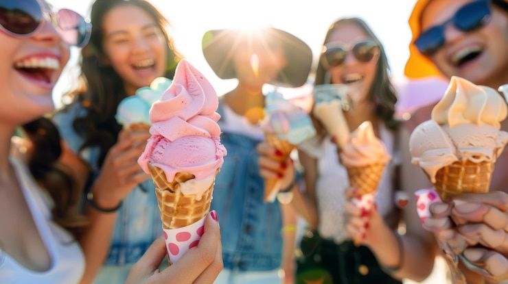 A group of young women are eating ice cream cones together.