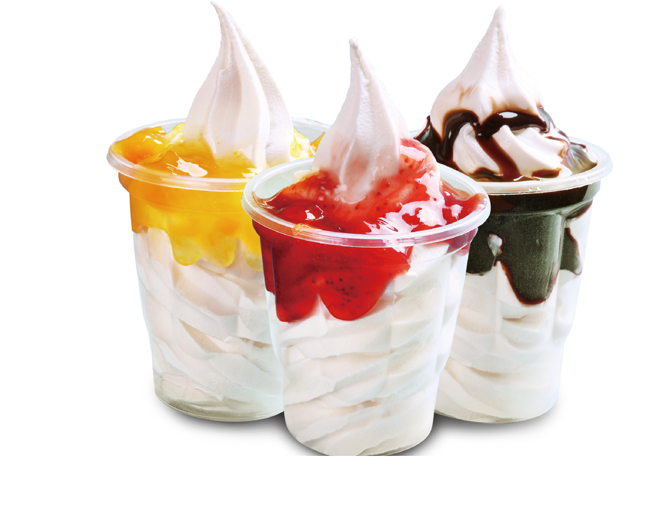 Three cups of ice cream with different flavors on them