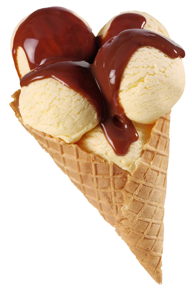 A heart shaped ice cream cone with chocolate sauce