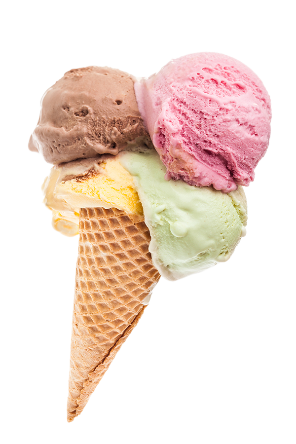 Three scoops of ice cream in a waffle cone on a white background.
