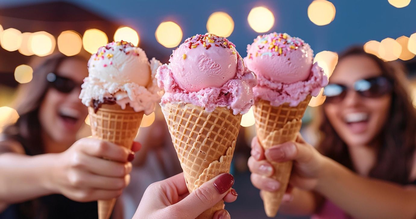 A group of people are holding ice cream cones in their hands.