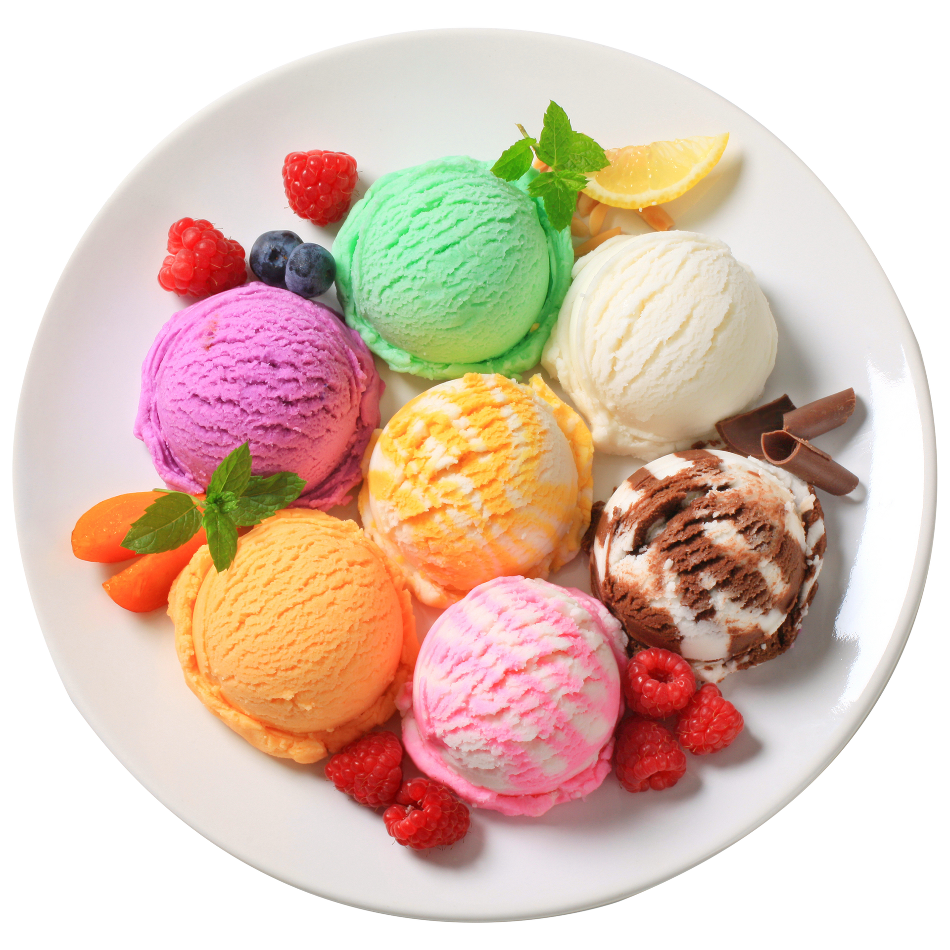 A white plate topped with different flavors of ice cream